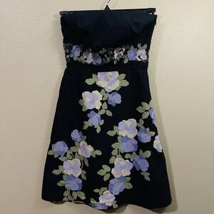 LOFT Ann Taylor Floral Embroidered Cocktail Dress‎  Short Strapless Navy Size 2P